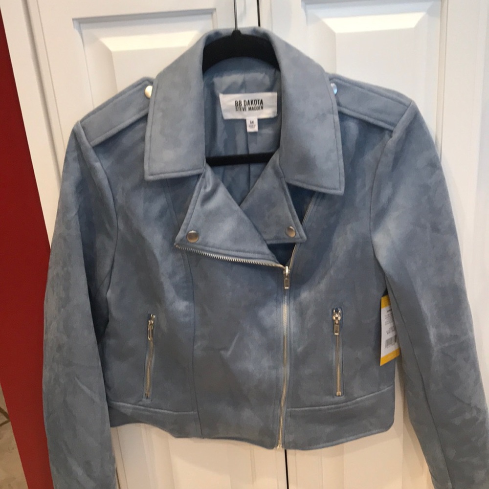 Vegan Suede Moto Jacket in dusty blue
